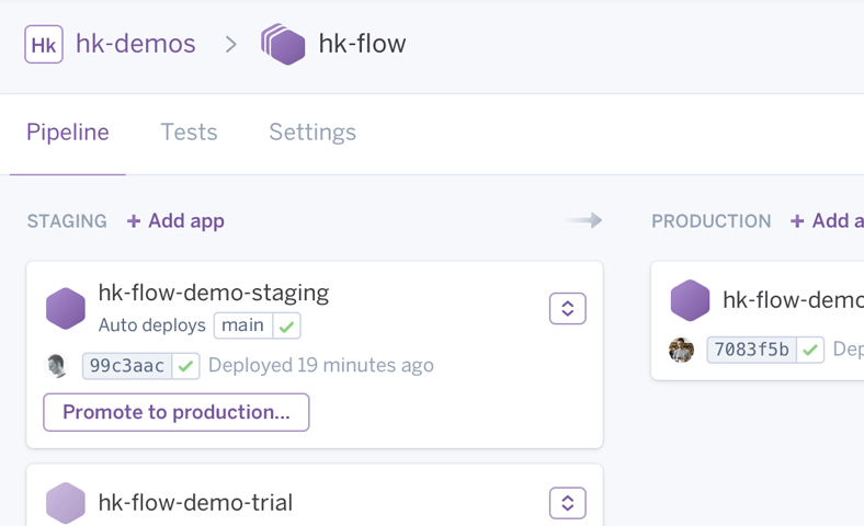 feature-pipelines-de621d99df653222f83e17ebdc8e2dec484746b7c1b850f8efa6b620487e8df6_e0c431 Screenshot of a deployment dashboard showing staging and production environments for a software app. "hk-flow-demo-staging" is highlighted with options to promote to production or manage settings.