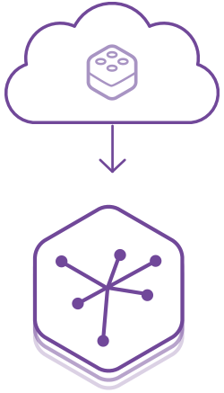Illustration of a cloud with a die icon, an arrow pointing to a hexagon with network nodes, symbolizing data processing or connectivity.